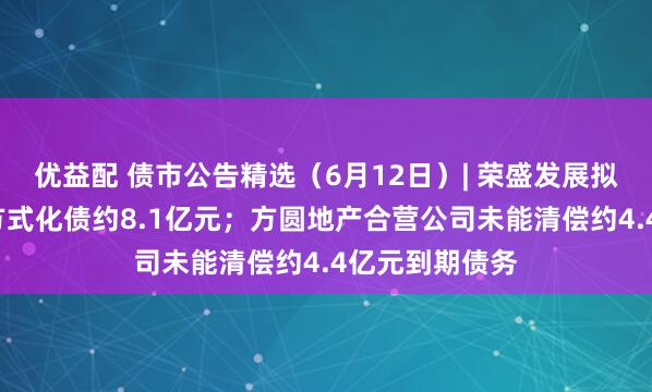 优益配 债市公告精选（6月12日）| 荣盛发展拟“以物抵债”方式化债约8.1亿元；方圆地产合营公司未能清偿约4.4亿元到期债务
